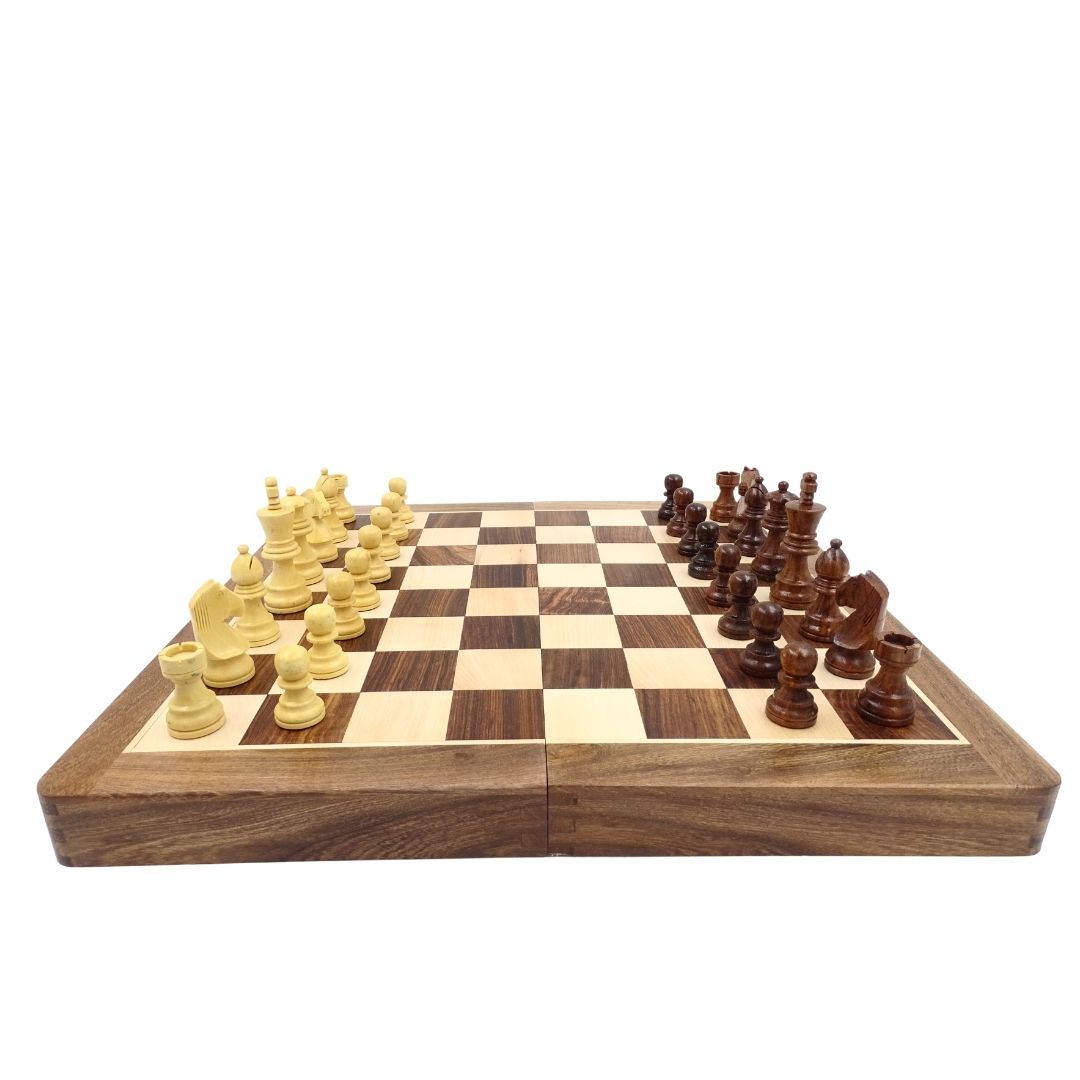 Șah din lemn 40x40 cm cu gravură - tablă de șah pliabilă din palisandru indian, în culoare maro-bej