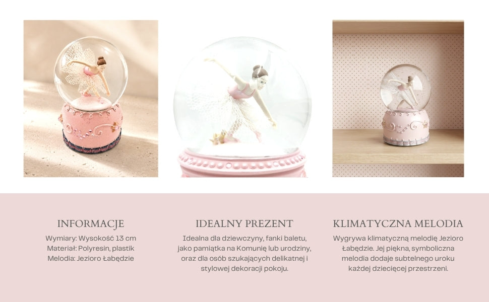 Balerină dansatoare în glob de sticlă 12cm cu posibilitate de personalizare prin gravură - decorațiune elegantă pastelată, cadou pentru iubitorii de balet, realizată din polirășină și sticlă