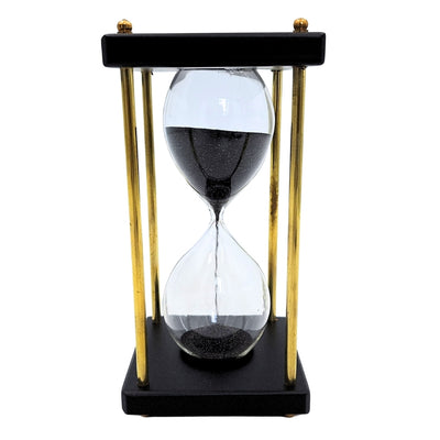 Clepsidră din alamă și lemn, 5 minute, cu nisip negru, cu posibilitate de personalizare prin gravură – decorațiune retro elegantă pentru cadou, cu înălțimea de 16 cm