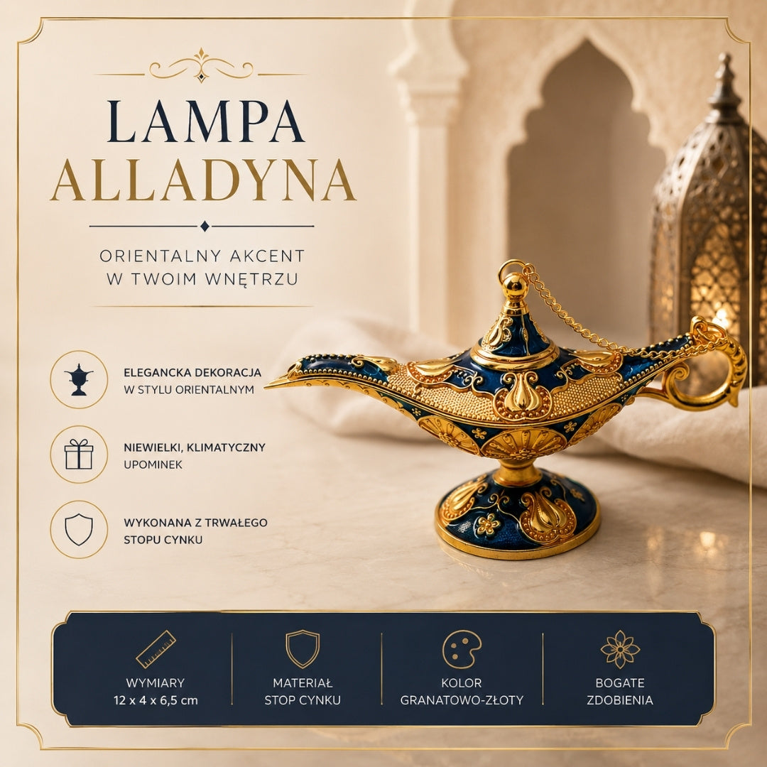 Lampă metalică Aladdin albastru-închis și aurie, 12cm, cu posibilitate de personalizare prin gravură