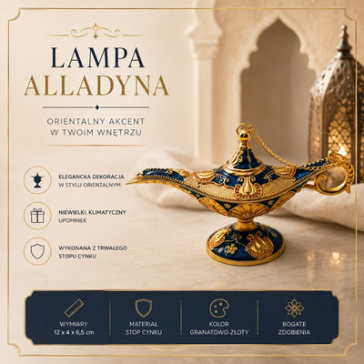 Lampă metalică Aladdin albastru-închis și aurie, 12cm, cu posibilitate de personalizare prin gravură