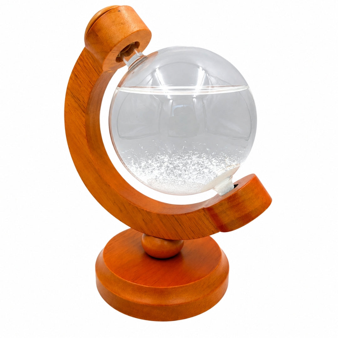 Barometru de furtună FitzRoy glob cu posibilitate de gravare - decorațiune elegantă pentru birou din sticlă și lemn, înălțime 18,5 cm