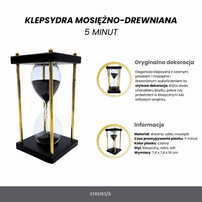 Clepsidră din alamă și lemn, 5 minute, cu nisip negru, cu posibilitate de personalizare prin gravură – decorațiune retro elegantă pentru cadou, cu înălțimea de 16 cm