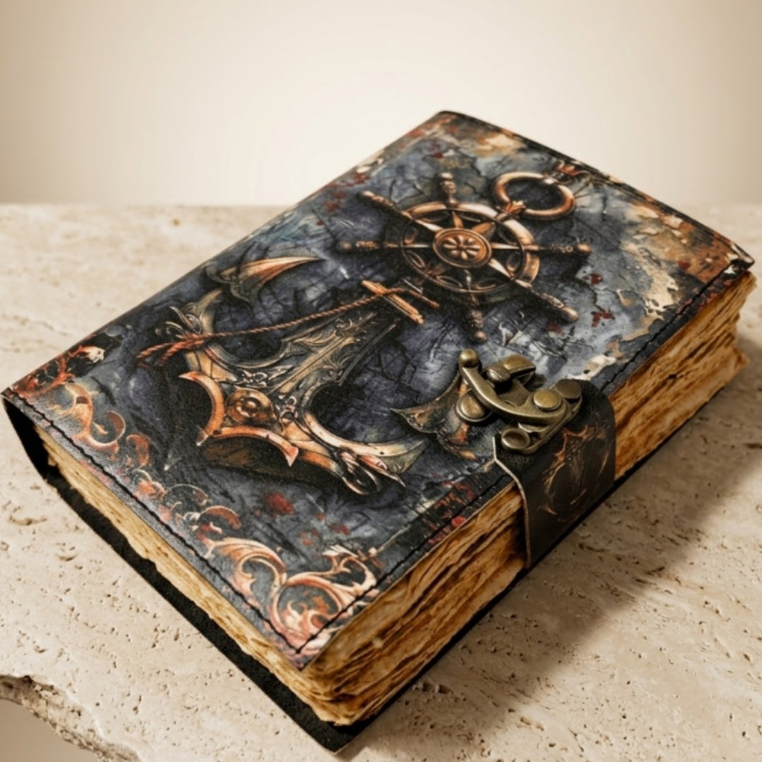 Jurnal din piele retro cu tematică marină, 200 de pagini, cu posibilitate de personalizare prin gravură, ideal ca dar pentru artiști și călători, realizat din piele naturală de capră, în culoare vintage, dimensiuni 18 x 13 cm