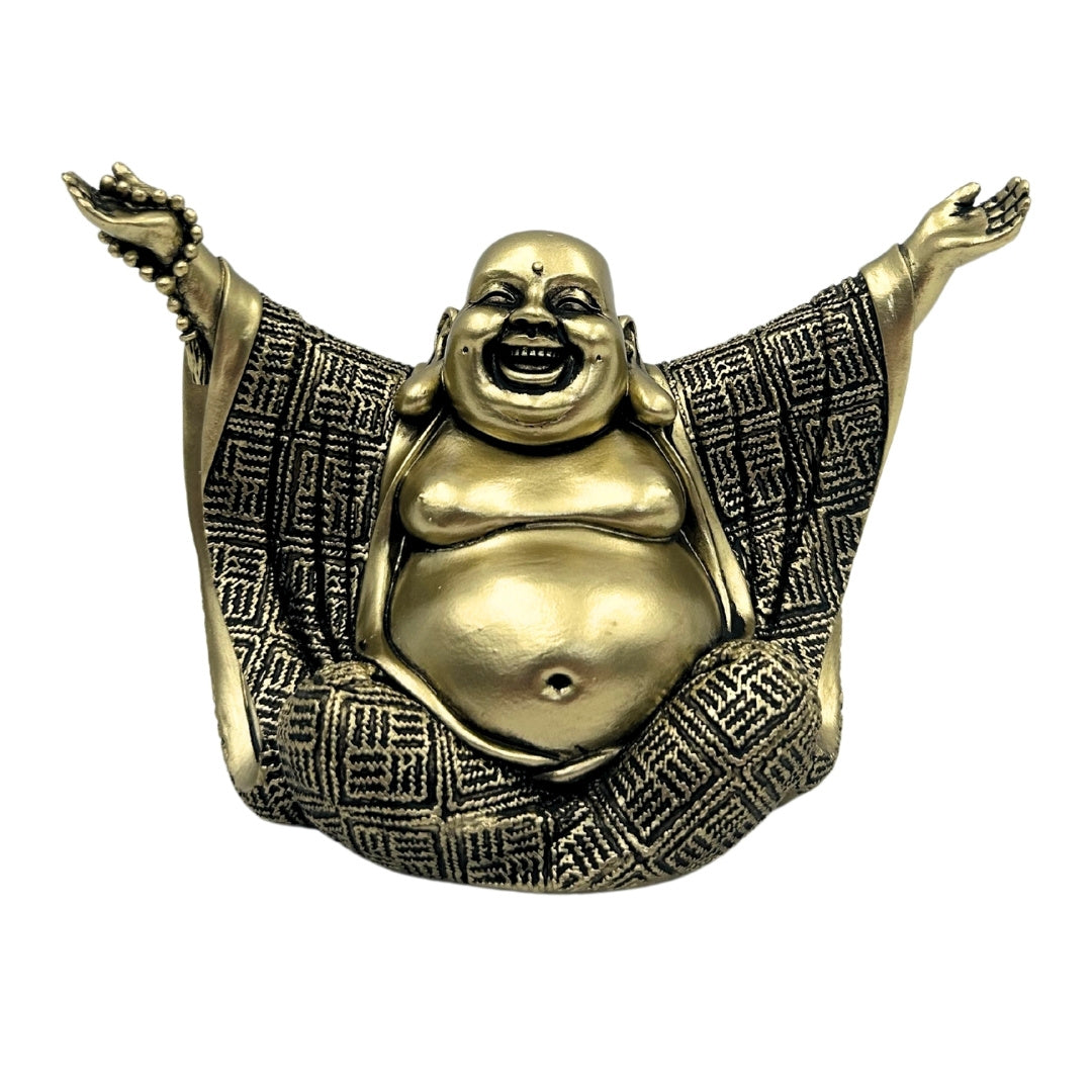 Figurină Buddha vesel aurie, cu posibilitate de personalizare prin gravură - Decorațiune elegantă pentru cadou, cu înălțimea de 17,1 cm, din polirășină, simbolizând bogăția și fericirea