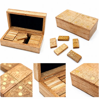 Domino din lemn de mango în cutie cu gravură - cadou personalizat pentru adulți, 28 de piese, decorațiuni din alamă, dimensiunile cutiei 15 x 8 x 4,5 cm