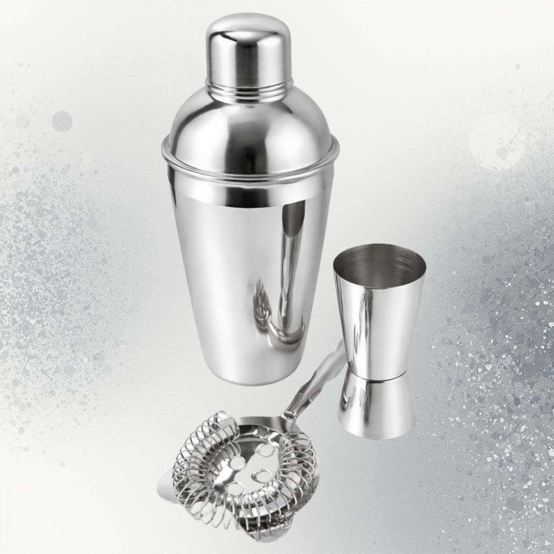 Set de barman Steel, 3 piese, cu posibilitate de personalizare prin gravură - shaker 750 ml, jigger 15/30 ml, strainer - cadou elegant pentru iubitorii de băuturi, oțel inoxidabil, culoare argintie