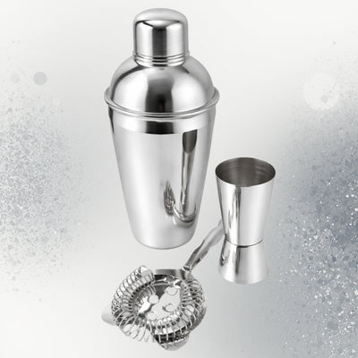 Set de barman Steel, 3 piese, cu posibilitate de personalizare prin gravură - shaker 750 ml, jigger 15/30 ml, strainer - cadou elegant pentru iubitorii de băuturi, oțel inoxidabil, culoare argintie