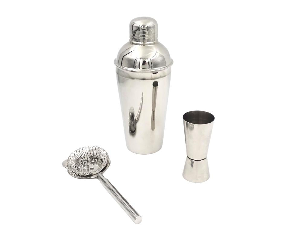Set de barman Steel, 3 piese, cu posibilitate de personalizare prin gravură - shaker 750 ml, jigger 15/30 ml, strainer - cadou elegant pentru iubitorii de băuturi, oțel inoxidabil, culoare argintie