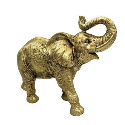 Elefant auriu cu trompa ridicată - Figurină decorativă elegantă cu posibilitate de personalizare prin gravură, ideală pentru cadou - Înălțime 20,5 cm, material polirășină