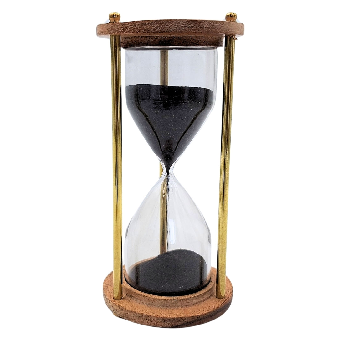 Clepsidră din alamă și lemn de 5 minute cu gravură personalizată – decorațiune retro elegantă pentru cadou – înălțime 15,5 cm, nisip negru, alamă și lemn