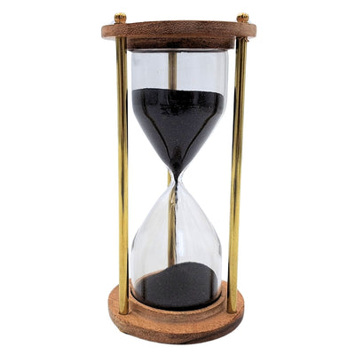 Clepsidră din alamă și lemn de 5 minute cu gravură personalizată – decorațiune retro elegantă pentru cadou – înălțime 15,5 cm, nisip negru, alamă și lemn