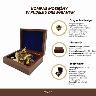 Busolă Dollond din alamă în cutie din lemn, cu funcție de ceas solar - Ideală pentru cadou, cu posibilitate de gravare - Stil antic, dimensiuni 7,5 x 7,5 x 3 cm