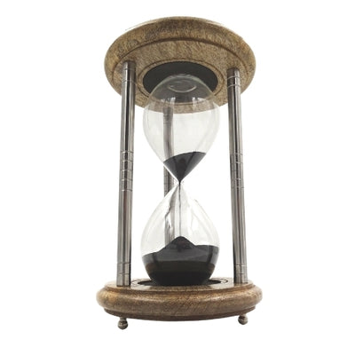 Clepsidră din alamă și lemn, 10 min, cu gravură - cadou elegant de culoare neagră, înălțime 25 cm, realizată din metal, sticlă și lemn de mango