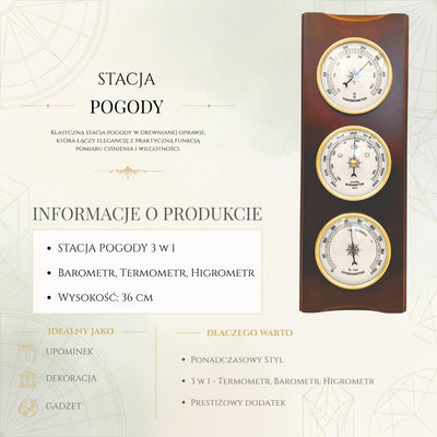 Stație meteo retro elegantă 36cm cu gravură – barometru, termometru, higrometru în carcasă din lemn