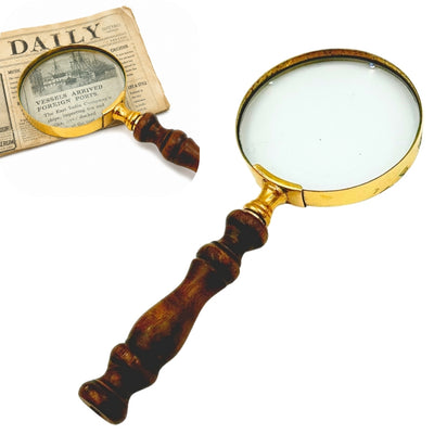 Lupă retro din alamă cu mâner din lemn - sticlă de mărit 18 cm, cu posibilitate de personalizare prin gravare