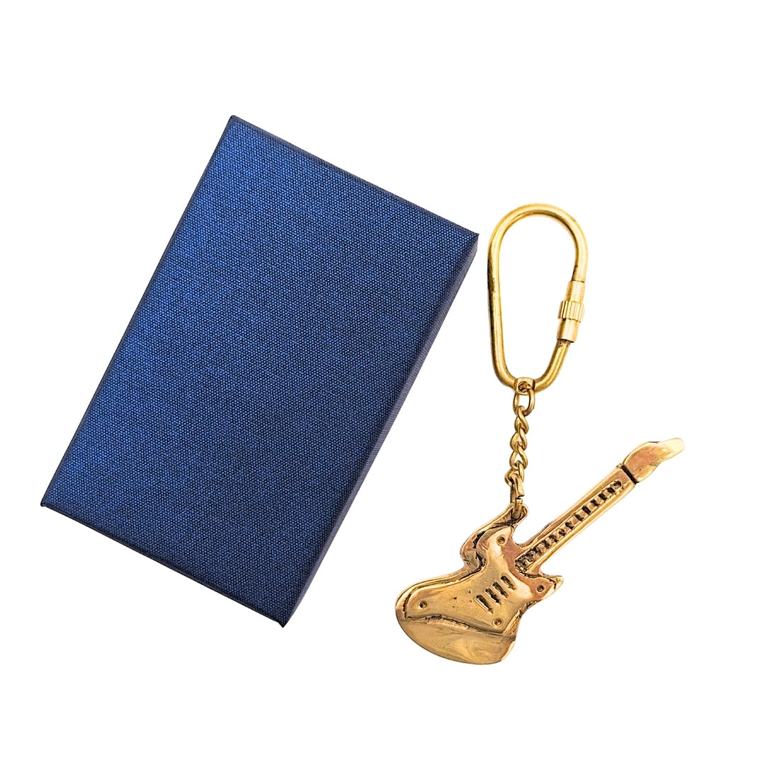 Breloc pentru chei din alamă în formă de chitară, cu posibilitate de personalizare prin gravură – cadou elegant pentru chitarist și iubitorul de muzică, 10 cm, cutie bleumarin