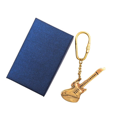 Breloc pentru chei din alamă în formă de chitară, cu posibilitate de personalizare prin gravură – cadou elegant pentru chitarist și iubitorul de muzică, 10 cm, cutie bleumarin