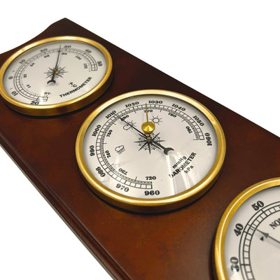 Stație meteo retro elegantă 36cm cu gravură – barometru, termometru, higrometru în carcasă din lemn