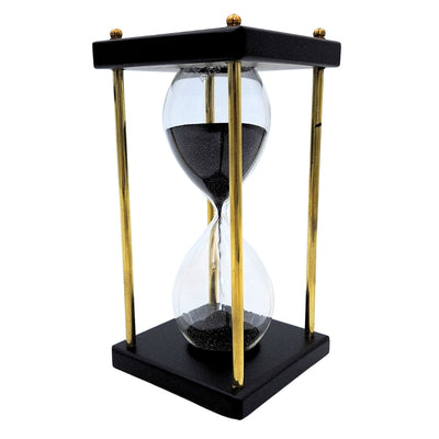 Clepsidră din alamă și lemn, 5 minute, cu nisip negru, cu posibilitate de personalizare prin gravură – decorațiune retro elegantă pentru cadou, cu înălțimea de 16 cm