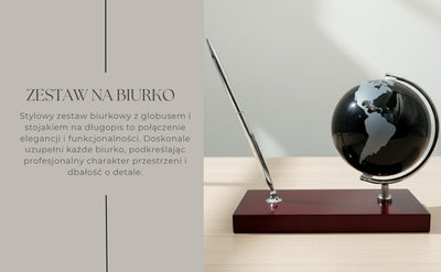 Set decorativ elegant pentru birou cu gravură personalizată - glob, suport pentru stilou din metal cromat și lemn închis la culoare