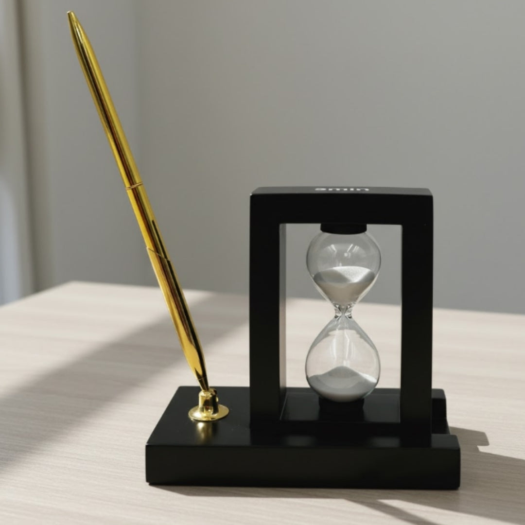 Set decorativ pentru birou cu clepsidră de 3 minute și suport pentru pix, cu gravură