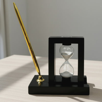Set decorativ pentru birou cu clepsidră de 3 minute și suport pentru pix, cu gravură