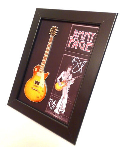 Mini chitară în stil Jimmy Page cu ramă FMG-012, posibilitate de personalizare prin gravură, ideală pentru cadou, ramă din lemn 1,3cm x 16cm x 21,4cm, mini chitară din oțel pentru a fi așezată sau agățată pe perete