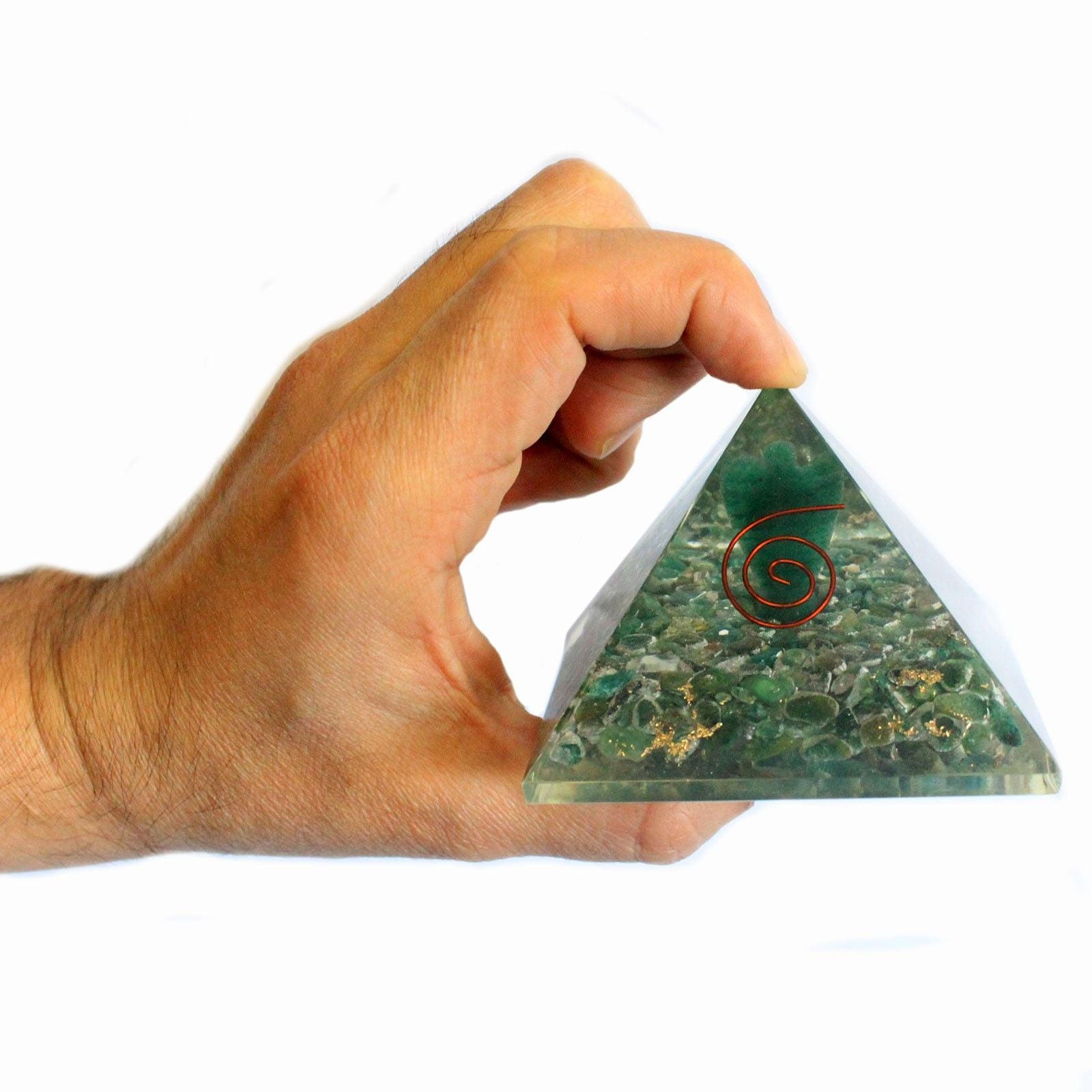 Piramidă Magică din Orgonit 70 mm - Înger cu Obiecte Ezoterice, Interior Verzui și Finisaj Manual
