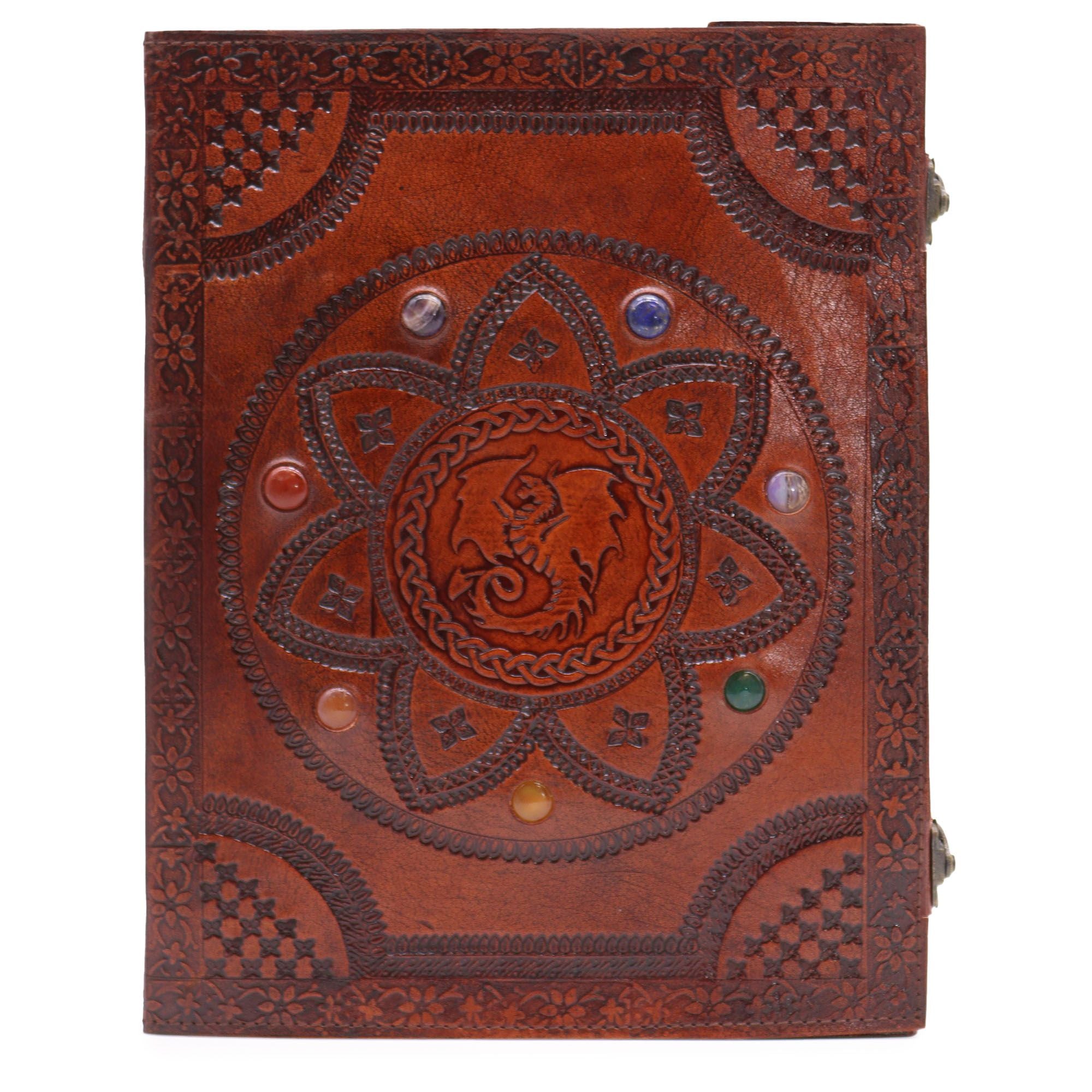 Cartea mandalei dragonului cu pietre pentru chakre - Realizată manual, piele naturală, 100 de pagini netede, 25x34 cm