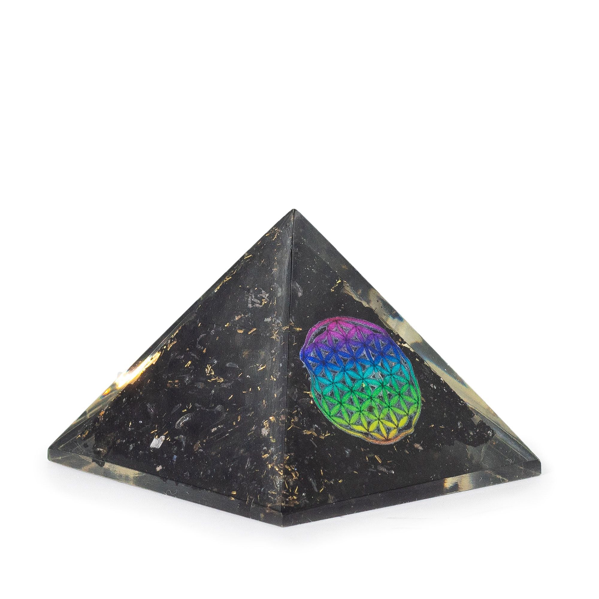 Piramida Orgone z Czarnego Tourmalinu 5.5x4.5cm z Kwiatem Życia