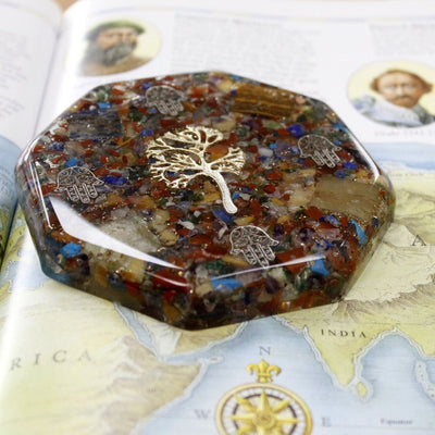 Pachet de Putere pentru Birou din Orgonit - Arborele Vieții - Mare - Realizat Manual din Pietre Prețioase și Cupru - Ideal pentru Cadou - Dimensiuni 11 cm x 1,5 cm - Protecție împotriva Poluării Electromagnetice - Simbol al Armoniei și Energiei