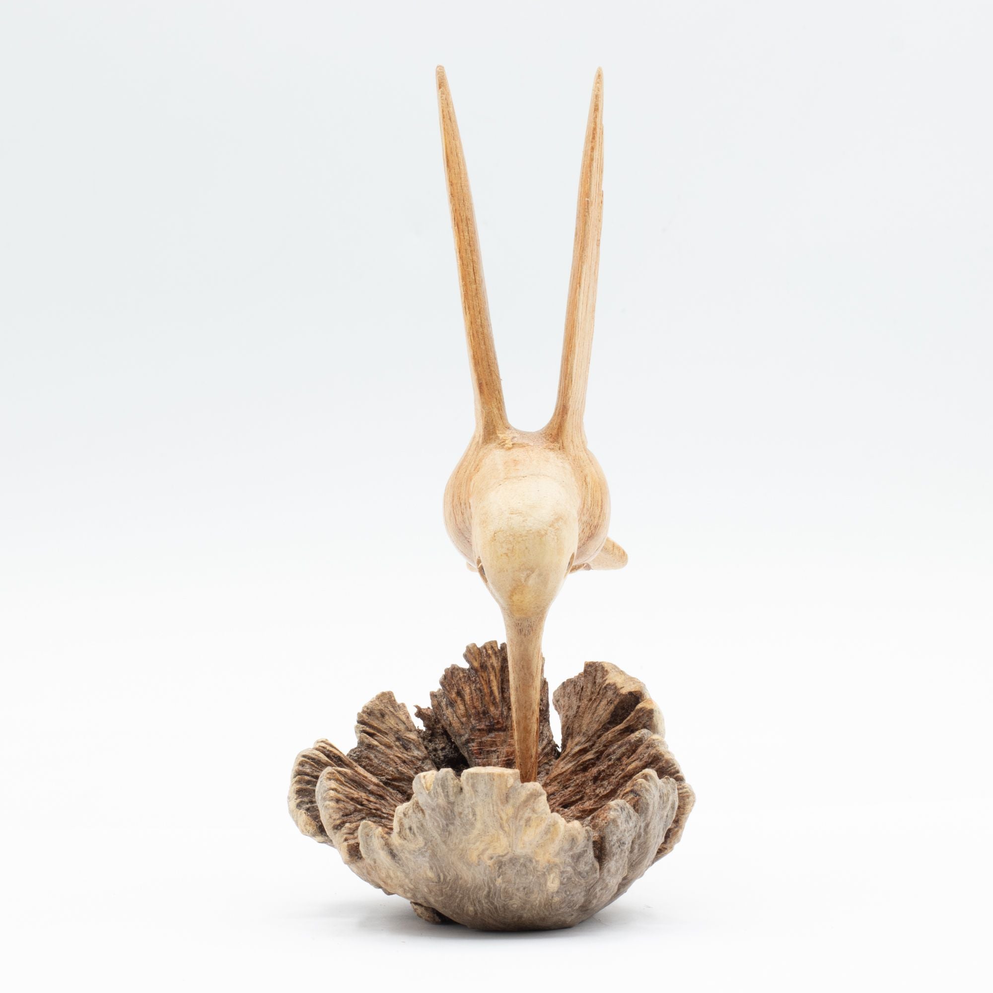 Sculptură realizată manual cu un colibri care bea nectar dintr-o excrescență lemnoasă