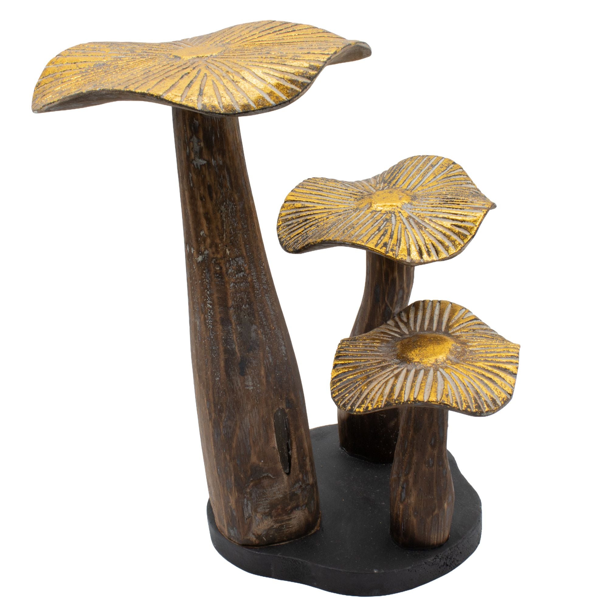 Sculptură mare de ciupercă aurie 32 cm - lemn natural - element decorativ unic pentru cadou - stil forestier, rustic și modern