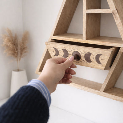 Triangular Magic Wall Shelf with Drawer - Handmade Mango Wood, Moon Phase Design, 53x53x9 cm