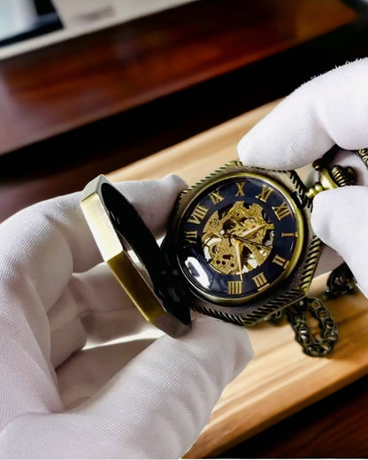 Ceas de buzunar mecanic clasic octogonal de culoare maro în stil steampunk - Atemporal