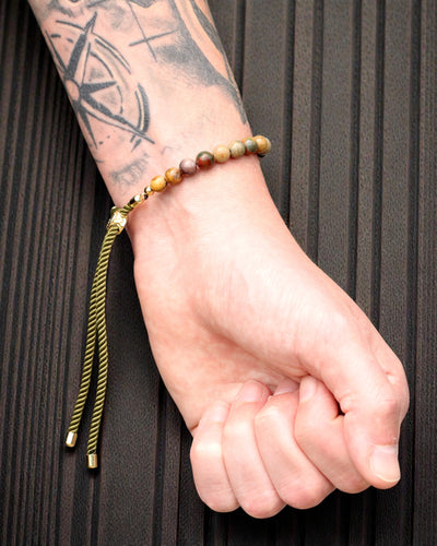 Moss Aura – Brățară cu jasp Picasso și aur de 18K pe șnur verde