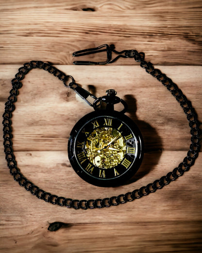 Ceas de buzunar mecanic în stil retro, rezistent la apă, semi-automat - culoare neagră - ideal pentru cadou, gravură