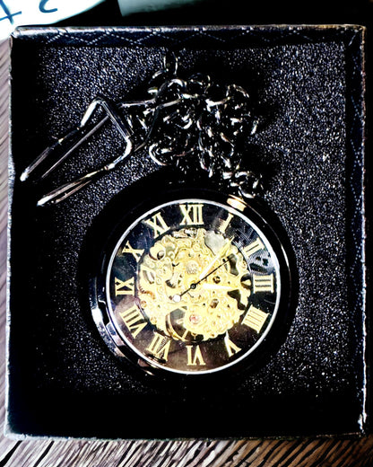 Ceas de buzunar mecanic în stil retro, rezistent la apă, semi-automat - culoare neagră - ideal pentru cadou, gravură