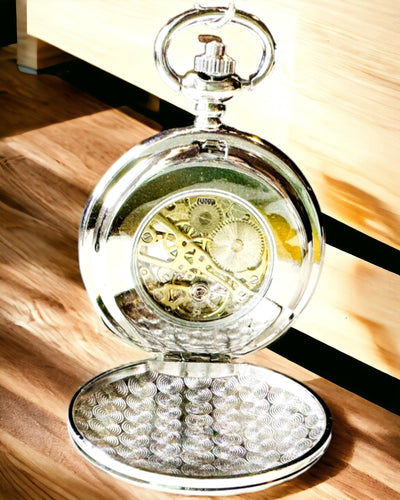 Ceas de buzunar mecanic clasic cu capac dublu, manual, culoare argintie