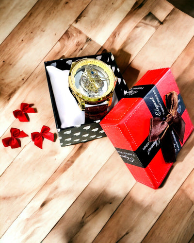 Ceas Bărbătesc cu Mecanism Transparent - Eleganță și Precizie în Cadru Auriu