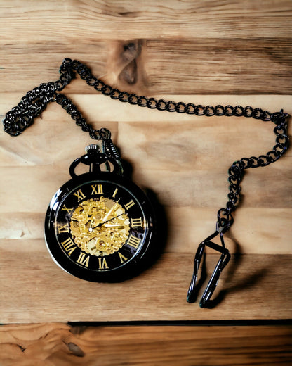 Ceas de buzunar mecanic în stil retro, rezistent la apă, semi-automat - culoare neagră - ideal pentru cadou, gravură
