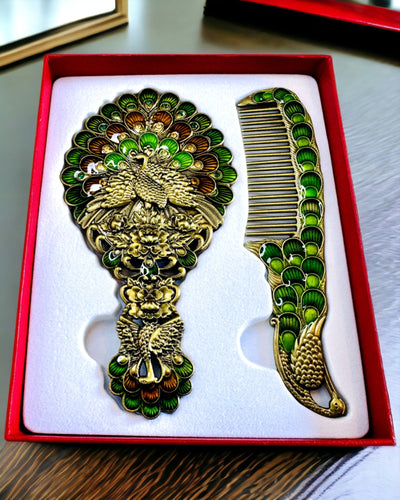 Set Vintage cu Oglindă și Pieptene cu Motiv de Păun - Accesorii Cosmetice Decorative