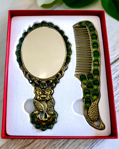 Set Vintage cu Oglindă și Pieptene cu Motiv de Păun - Accesorii Cosmetice Decorative