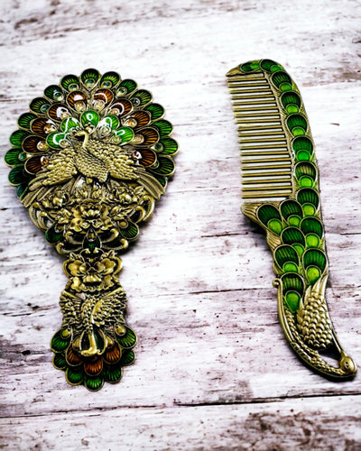 Set Vintage cu Oglindă și Pieptene cu Motiv de Păun - Accesorii Cosmetice Decorative