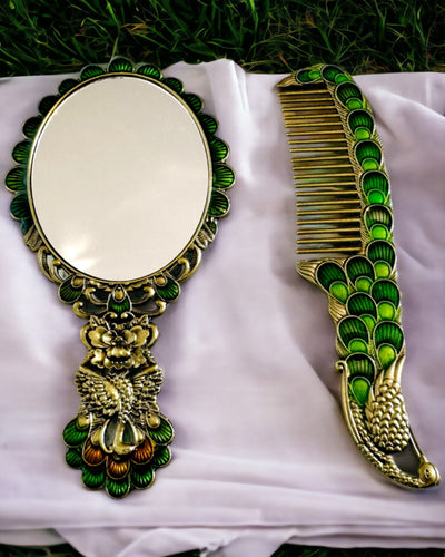 Set Vintage cu Oglindă și Pieptene cu Motiv de Păun - Accesorii Cosmetice Decorative