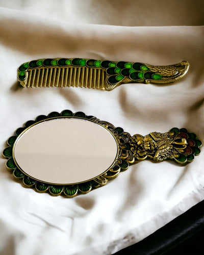 Set Vintage cu Oglindă și Pieptene cu Motiv de Păun - Accesorii Cosmetice Decorative