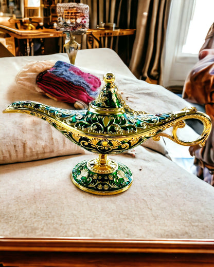Lampa Magică a lui Aladin cu Opțiune de Gravare - Variantă Verde Întunecat, împletită cu auriu