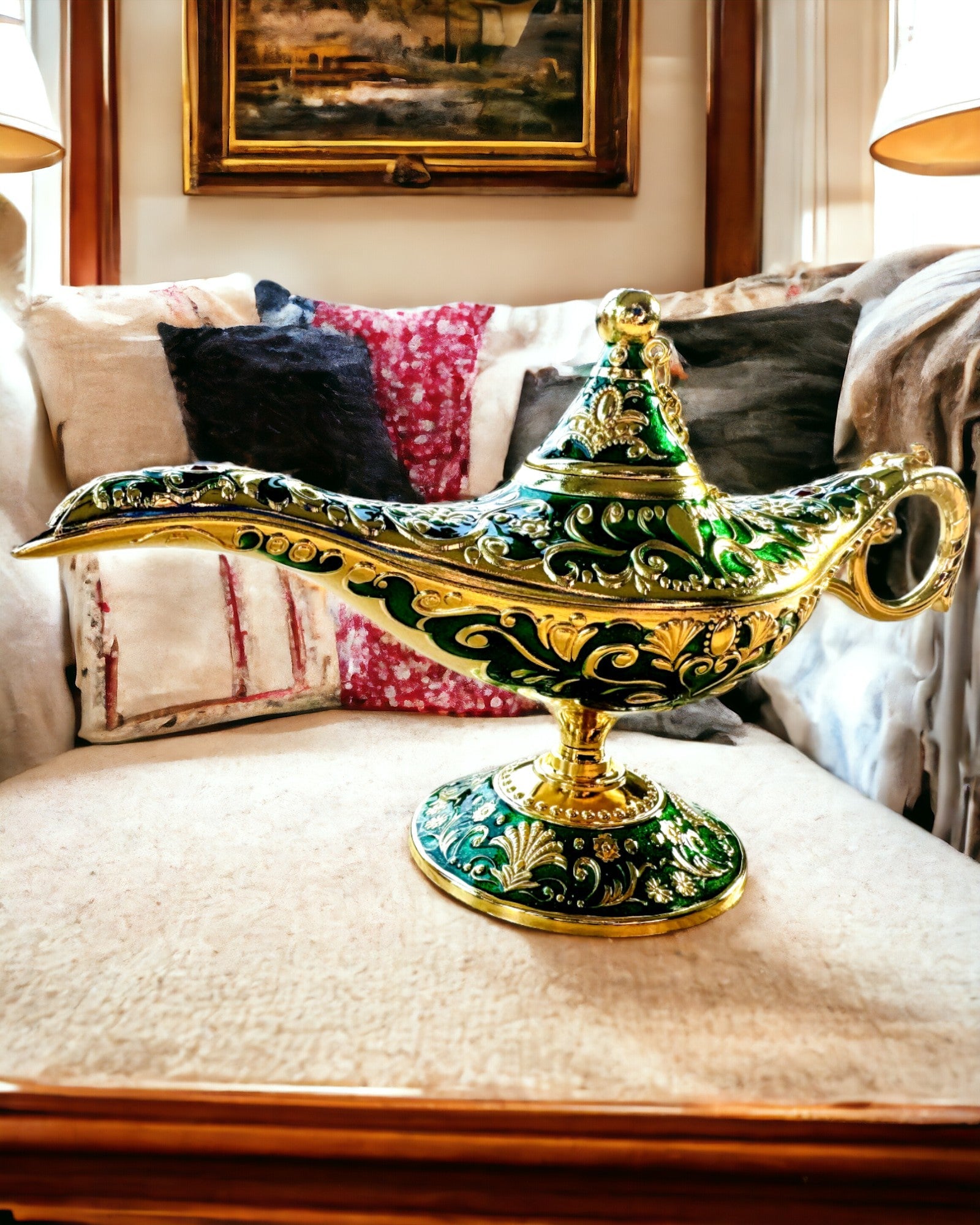 Lampa Magică a lui Aladin cu Opțiune de Gravare - Variantă Verde Întunecat, împletită cu auriu