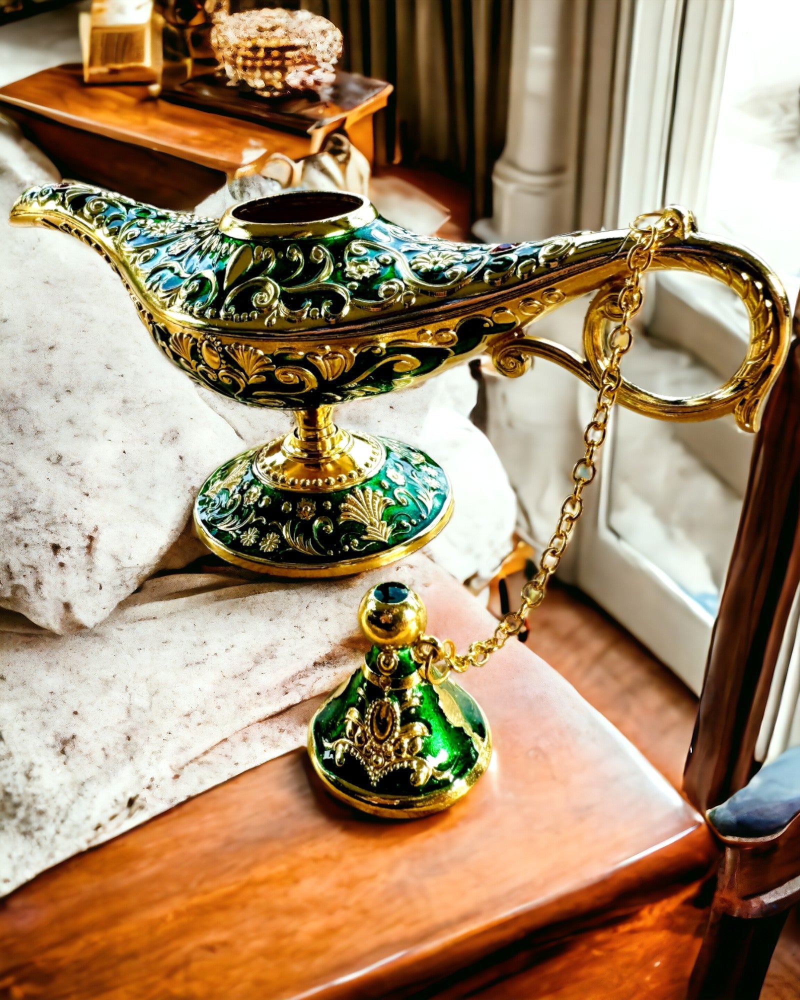 Lampa Magică a lui Aladin cu Opțiune de Gravare - Variantă Verde Întunecat, împletită cu auriu